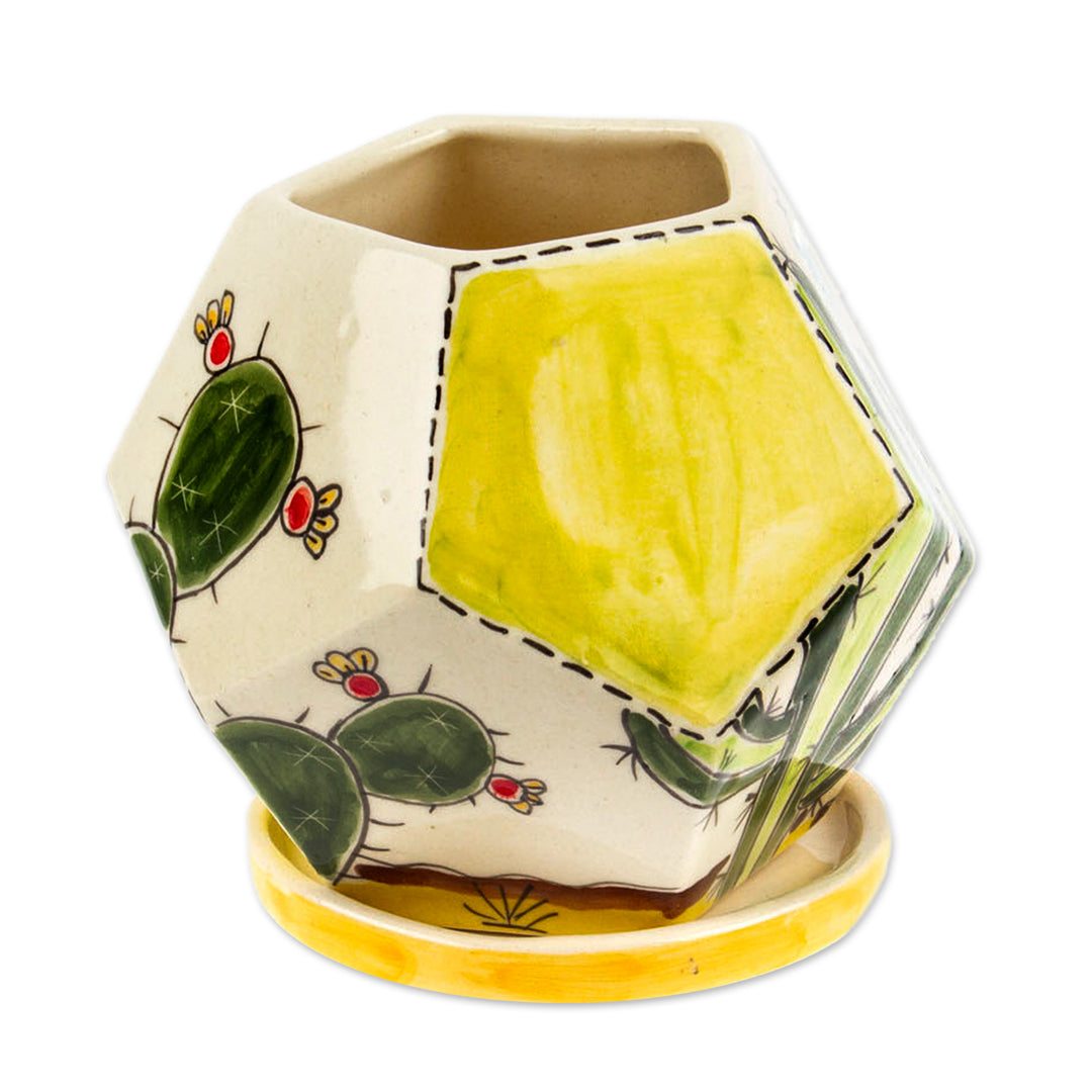 Hexagonal Cactus-Themed Ceramic Mini Planter with Saucer - Cactus Geometry