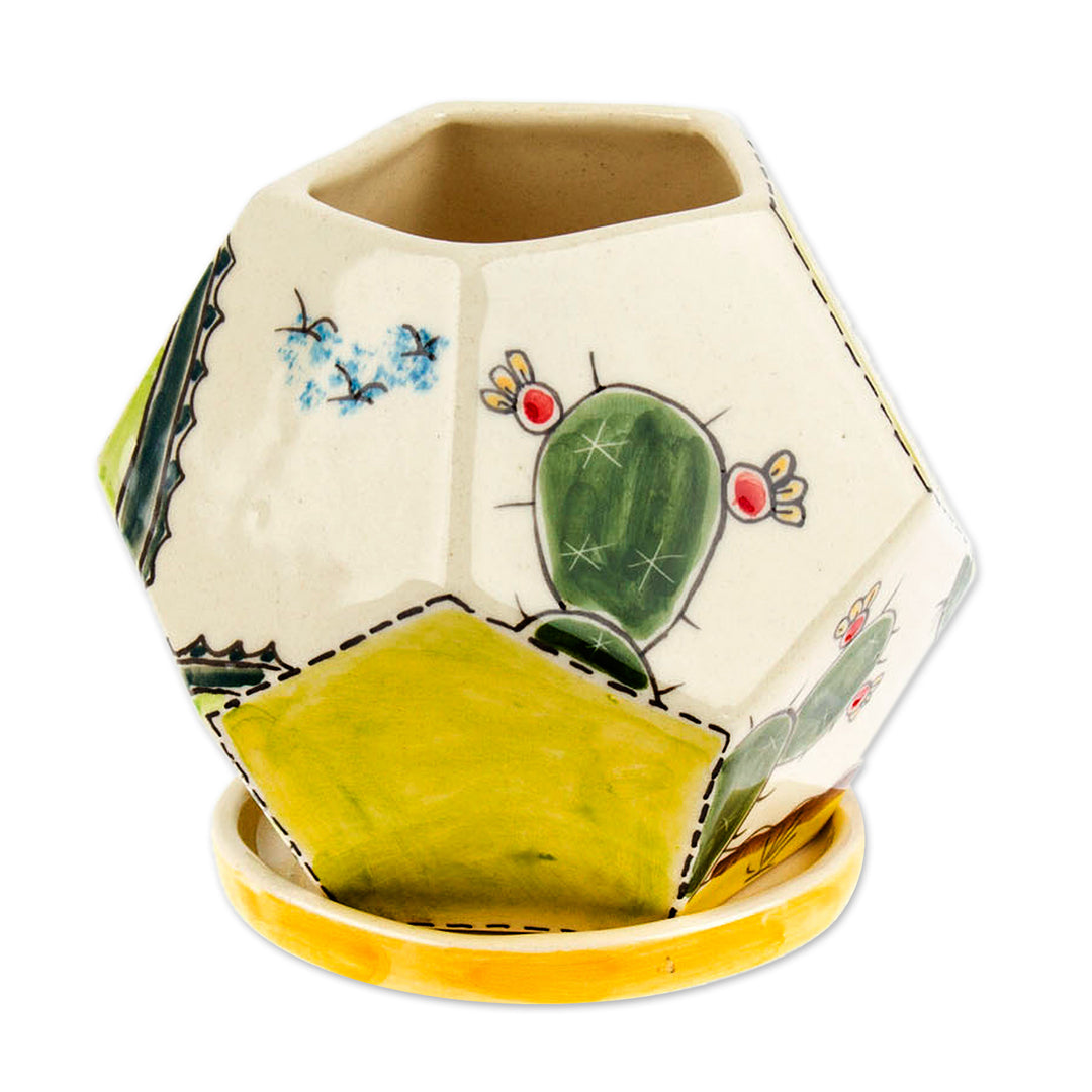 Hexagonal Cactus-Themed Ceramic Mini Planter with Saucer - Cactus Geometry