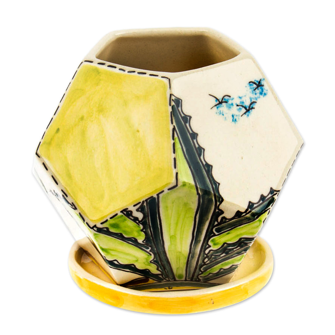 Hexagonal Cactus-Themed Ceramic Mini Planter with Saucer - Cactus Geometry