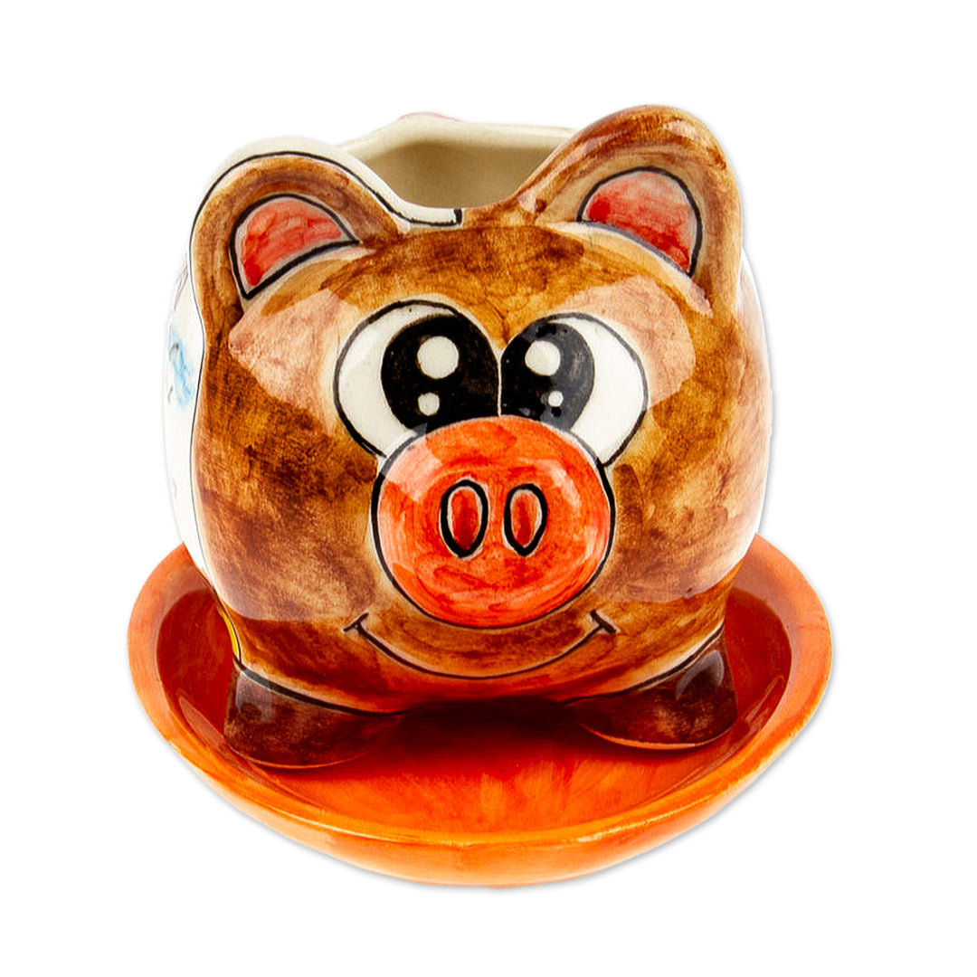 Pig-Shaped Hand-Painted Ceramic Mini Planter with Saucer - Piggy Garden