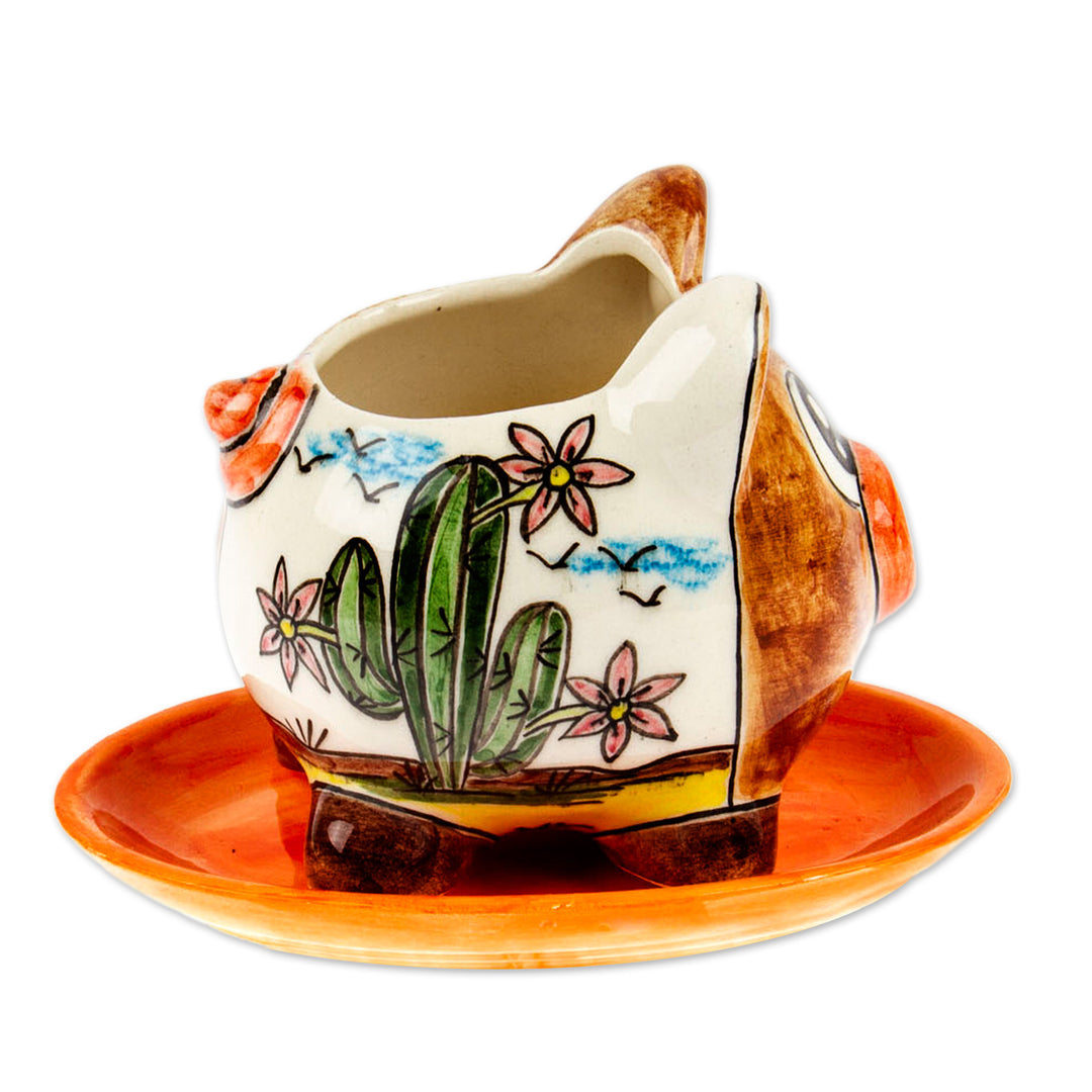 Pig-Shaped Hand-Painted Ceramic Mini Planter with Saucer - Piggy Garden
