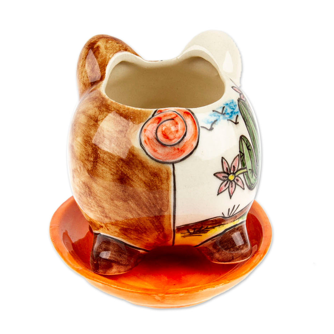 Pig-Shaped Hand-Painted Ceramic Mini Planter with Saucer - Piggy Garden