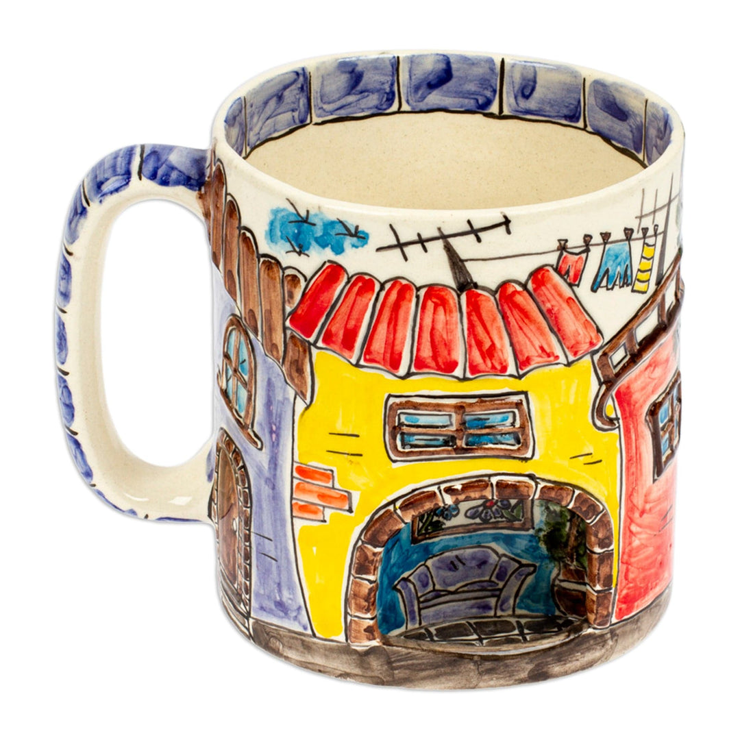Ceramic Mexican Houses Decorative Mug with Basalt Saucer - Mexican Houses