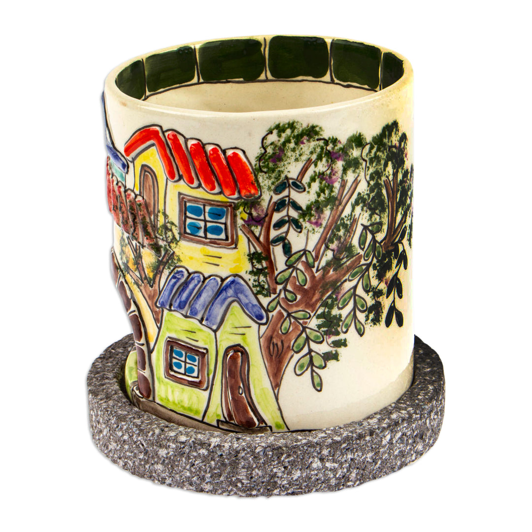 Mexican Town Ceramic Decorative Mug with Basalt Saucer - Mexican Corner