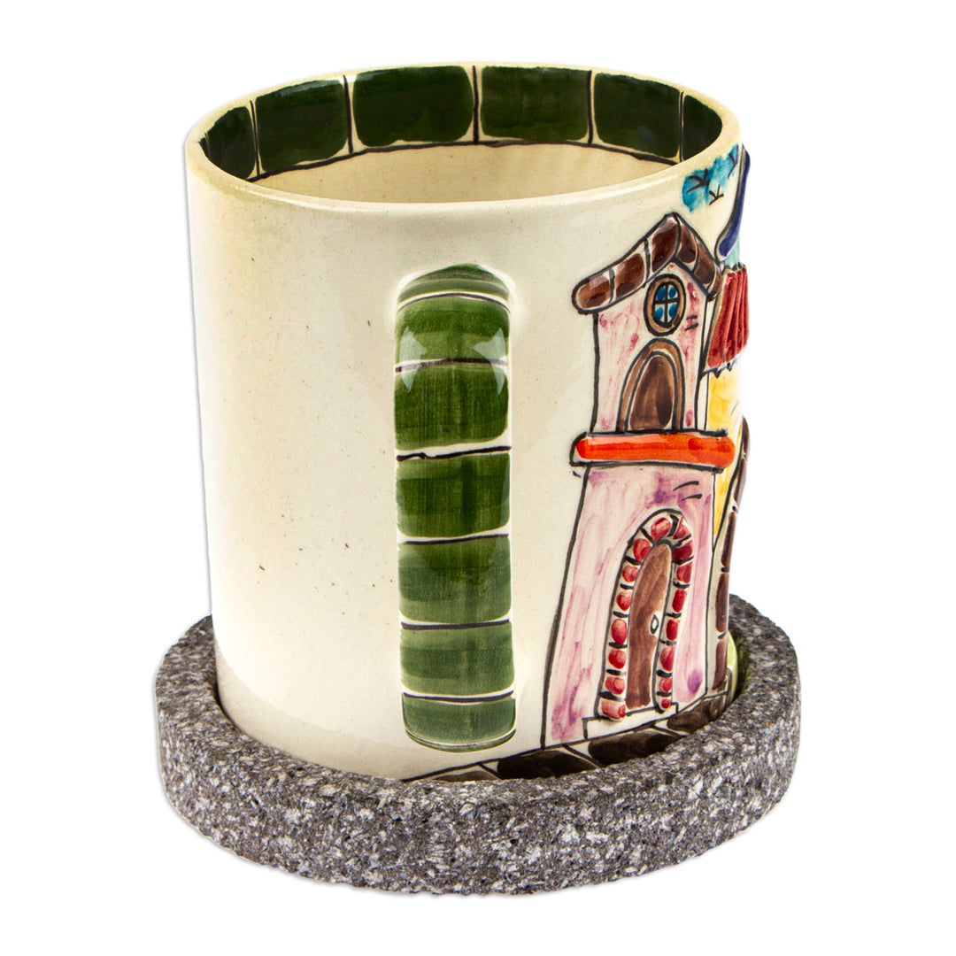 Mexican Town Ceramic Decorative Mug with Basalt Saucer - Mexican Corner