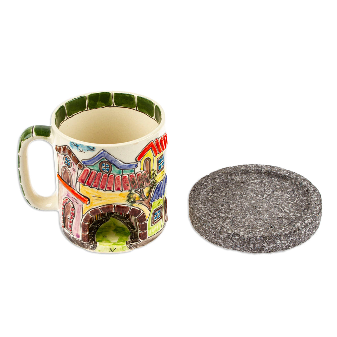 Mexican Town Ceramic Decorative Mug with Basalt Saucer - Mexican Corner