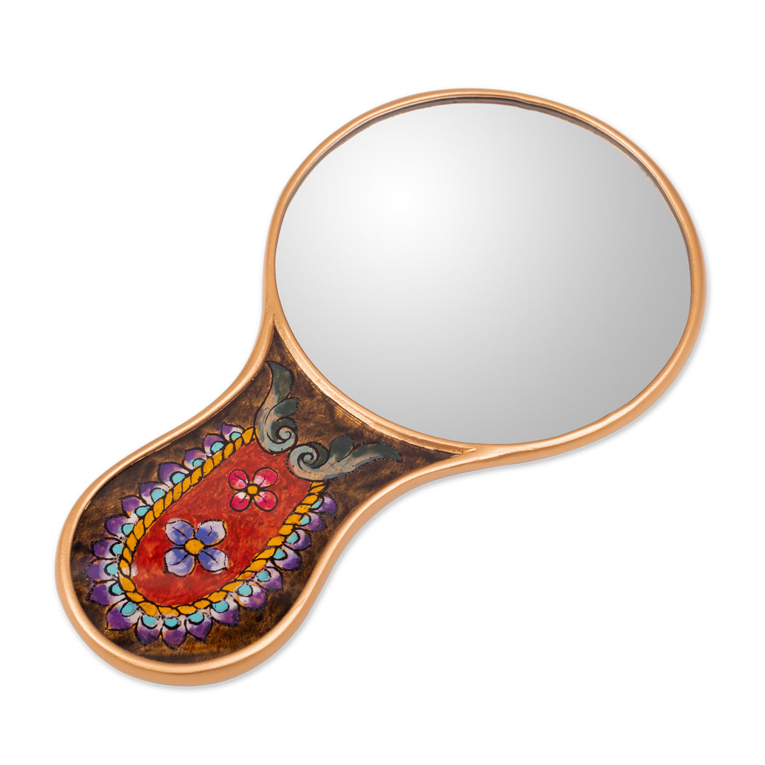 Floral Patterned Reverse-Painted Wood Hand Mirror from Peru - Princess Reflection