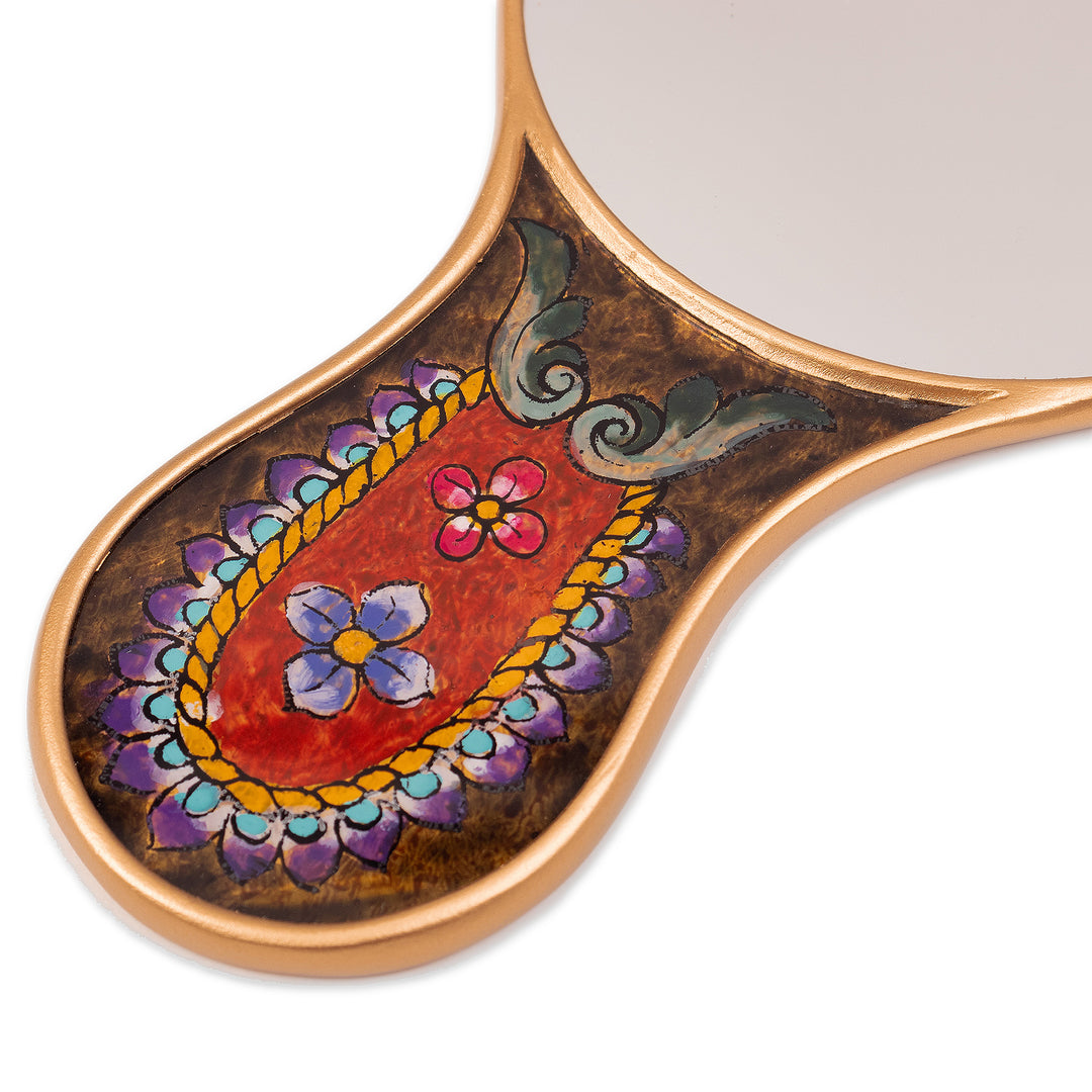 Floral Patterned Reverse-Painted Wood Hand Mirror from Peru - Princess Reflection