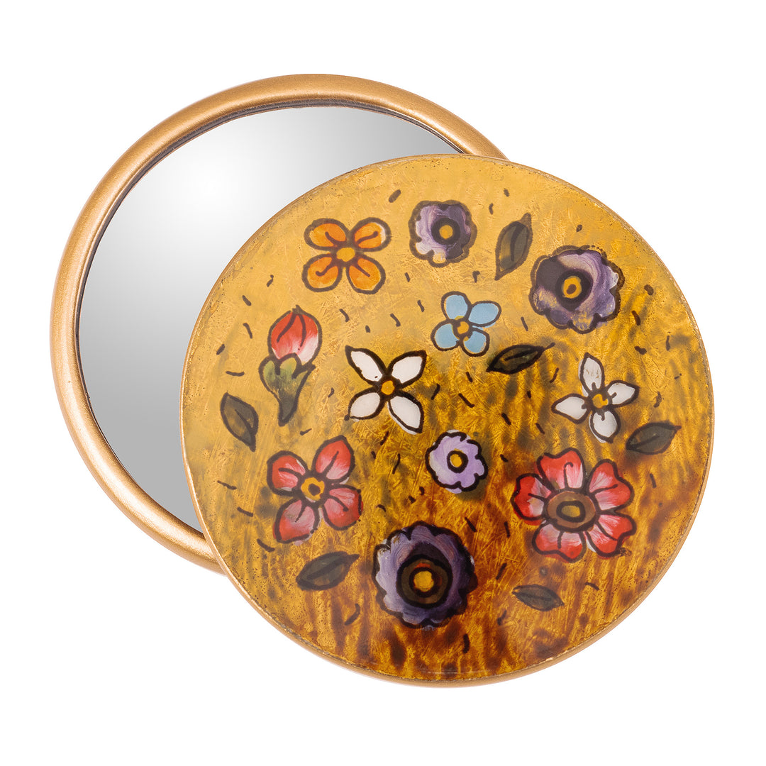 Spring-Themed Reverse-Painted Round Pocket Mirror in Yellow - Jolly Spring