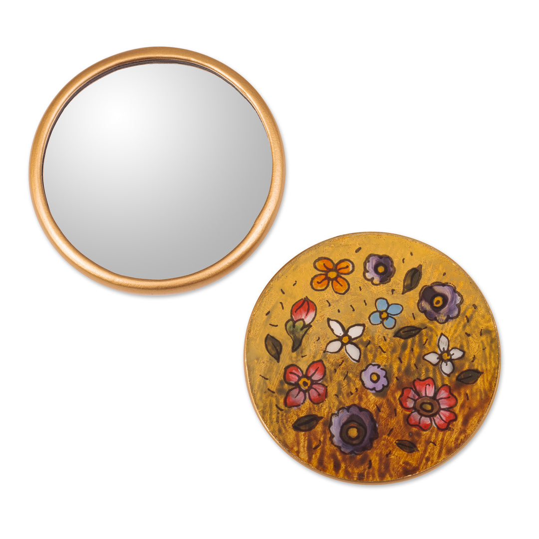 Spring-Themed Reverse-Painted Round Pocket Mirror in Yellow - Jolly Spring