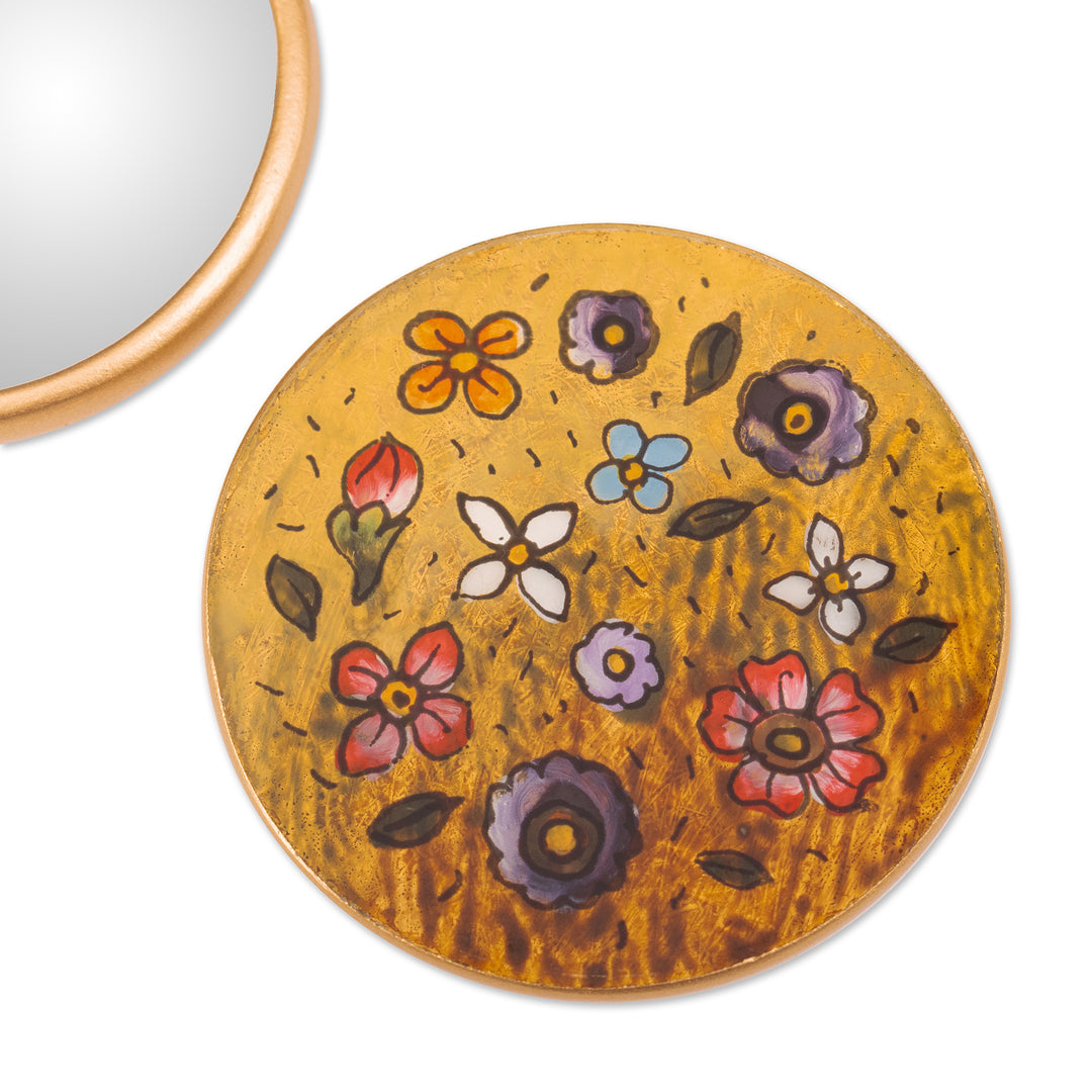 Spring-Themed Reverse-Painted Round Pocket Mirror in Yellow - Jolly Spring