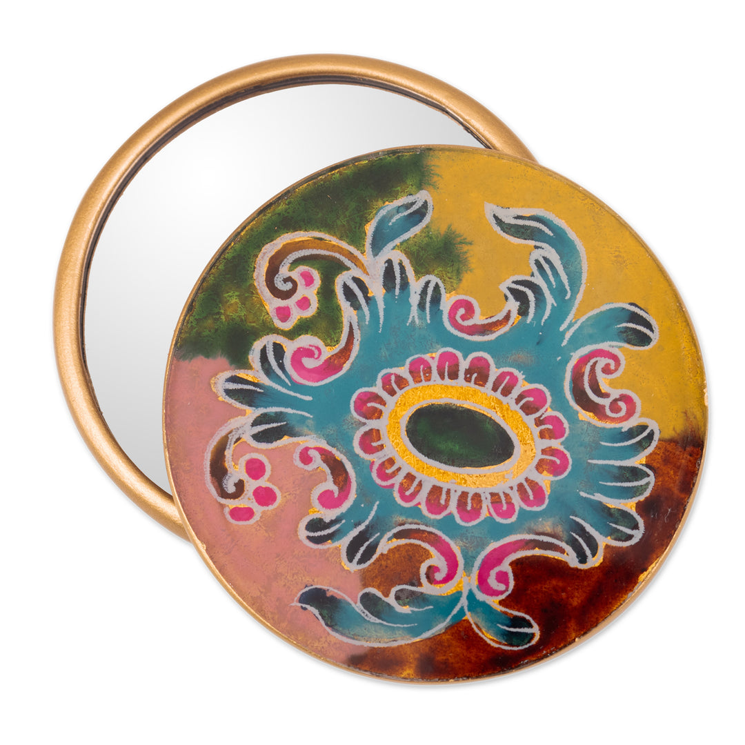 Baroque-Inspired Reverse-Painted Round Wood Pocket Mirror - Primaveral Majesty