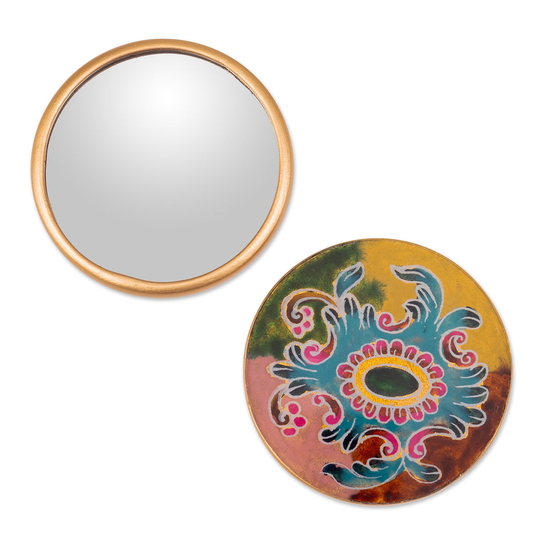 Baroque-Inspired Reverse-Painted Round Wood Pocket Mirror - Primaveral Majesty