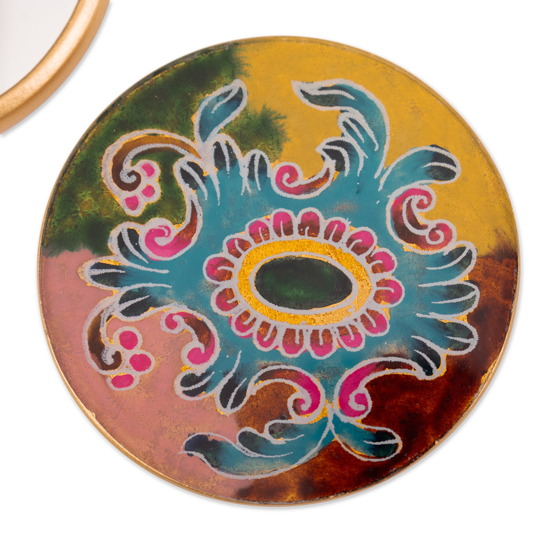 Baroque-Inspired Reverse-Painted Round Wood Pocket Mirror - Primaveral Majesty