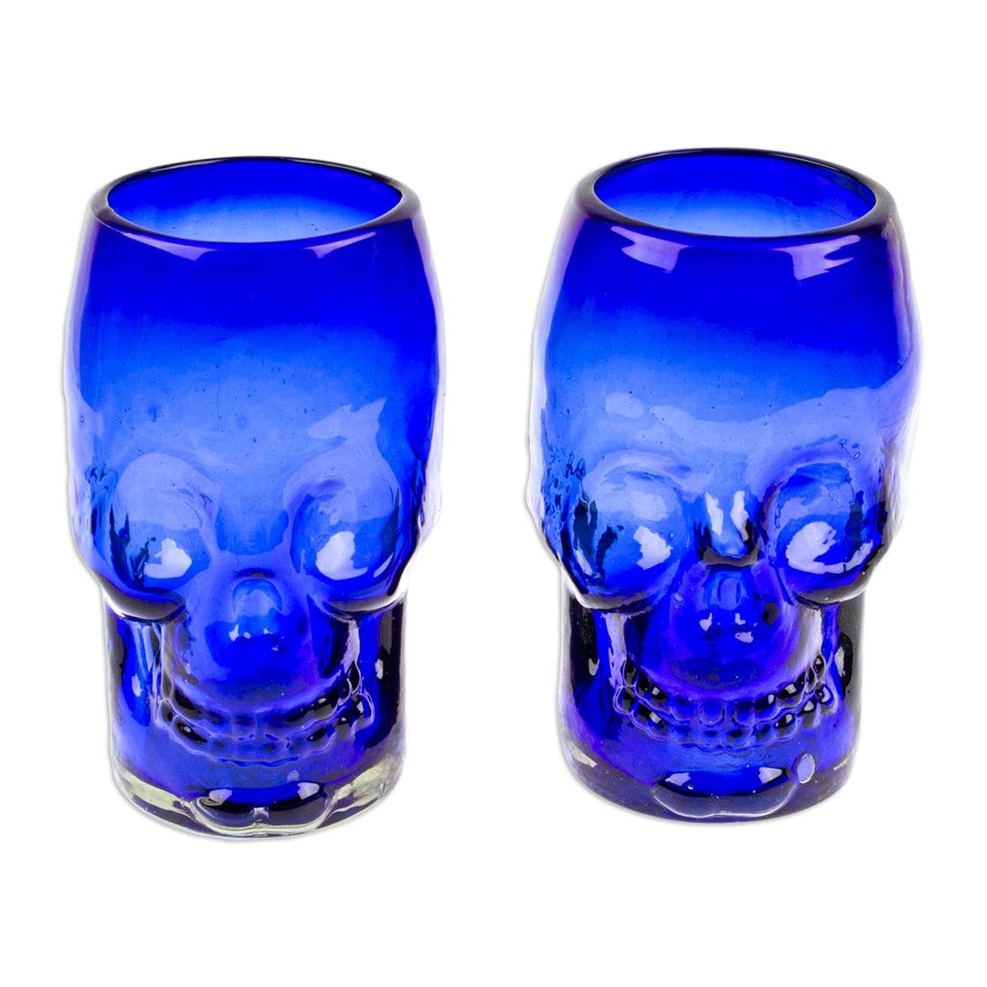 Two Blue Skull-Themed Handblown Recycled Glass Tumblers - Blue Mexican Skull