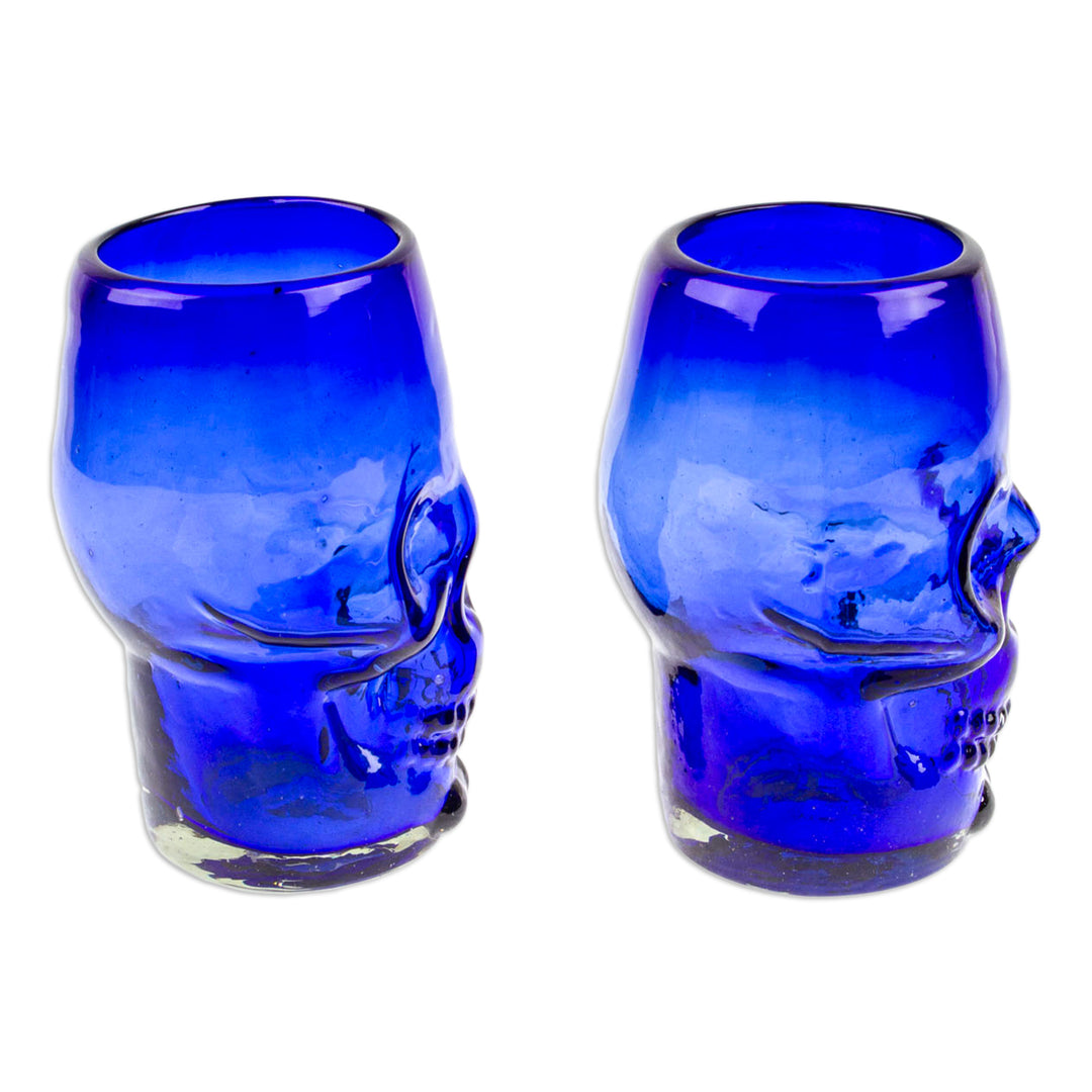 Two Blue Skull-Themed Handblown Recycled Glass Tumblers - Blue Mexican Skull