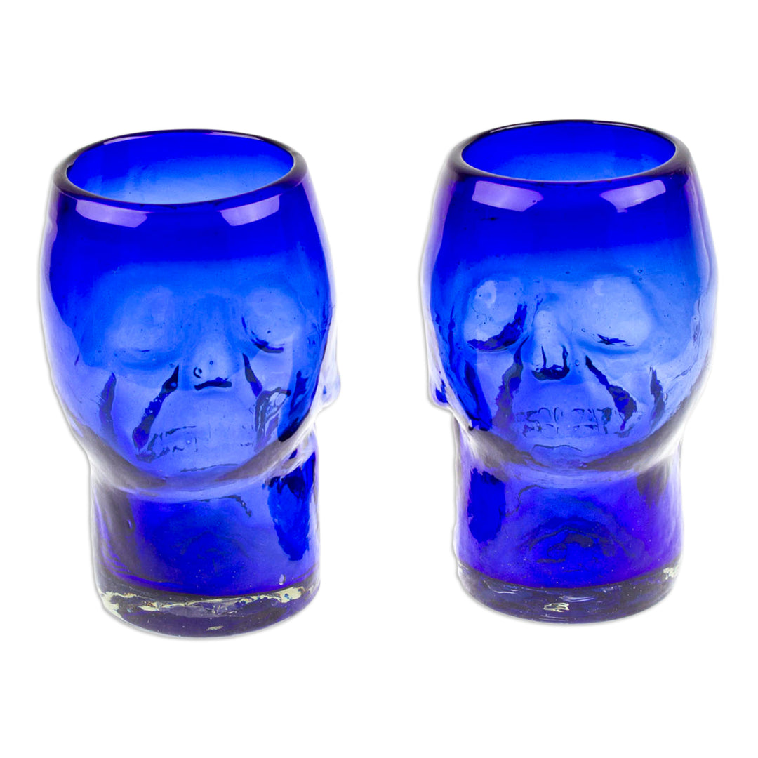 Two Blue Skull-Themed Handblown Recycled Glass Tumblers - Blue Mexican Skull