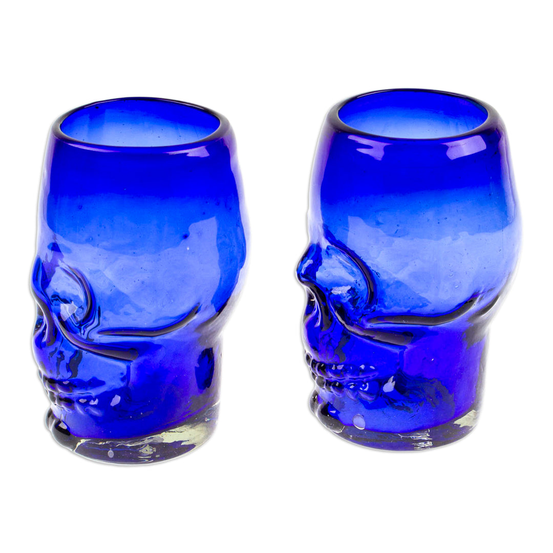 Two Blue Skull-Themed Handblown Recycled Glass Tumblers - Blue Mexican Skull