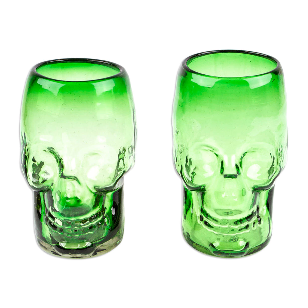 2 Skull-Shaped Jade Green Handblown Recycled Glass Tumblers - Jade Mexican Skull