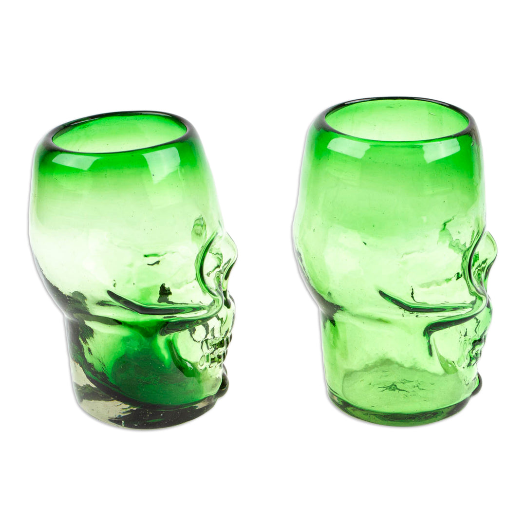 2 Skull-Shaped Jade Green Handblown Recycled Glass Tumblers - Jade Mexican Skull