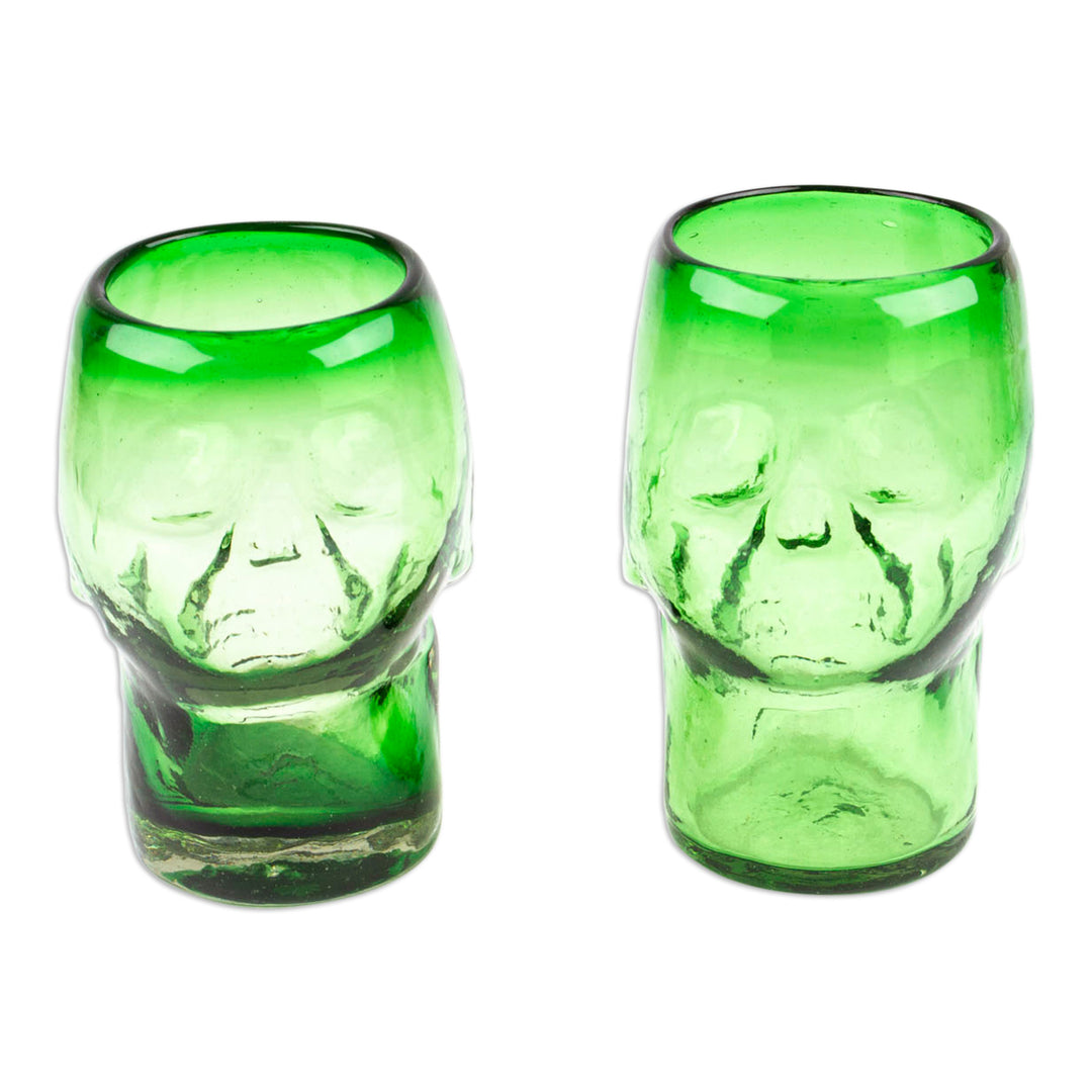 2 Skull-Shaped Jade Green Handblown Recycled Glass Tumblers - Jade Mexican Skull