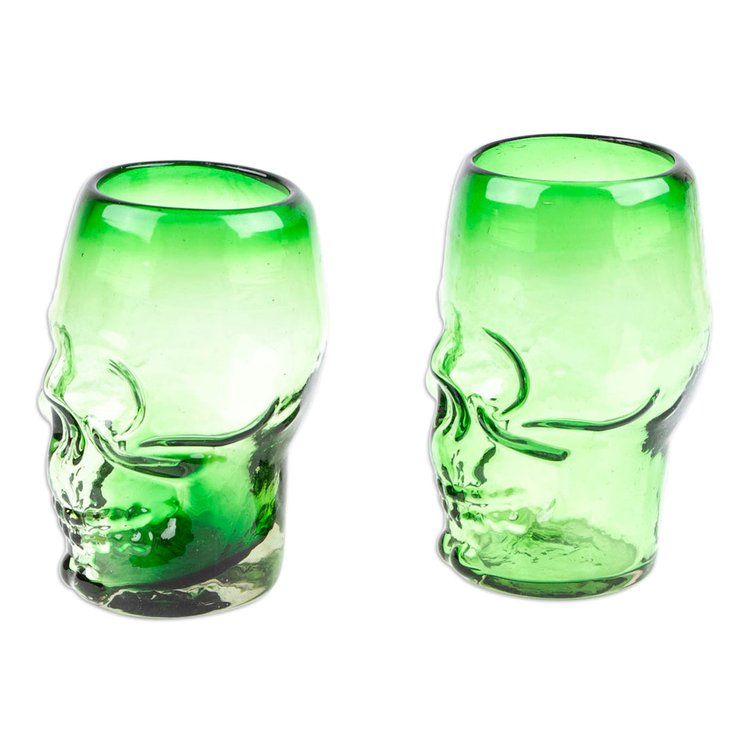 2 Skull-Shaped Jade Green Handblown Recycled Glass Tumblers - Jade Mexican Skull