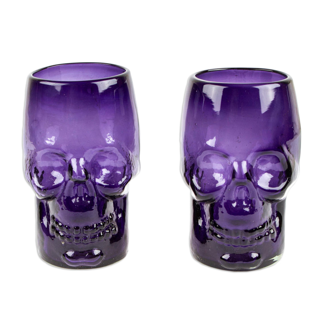 2 Purple Handblown Recycled Glass Tumblers with Skull Motif - Purple Mexican Skull