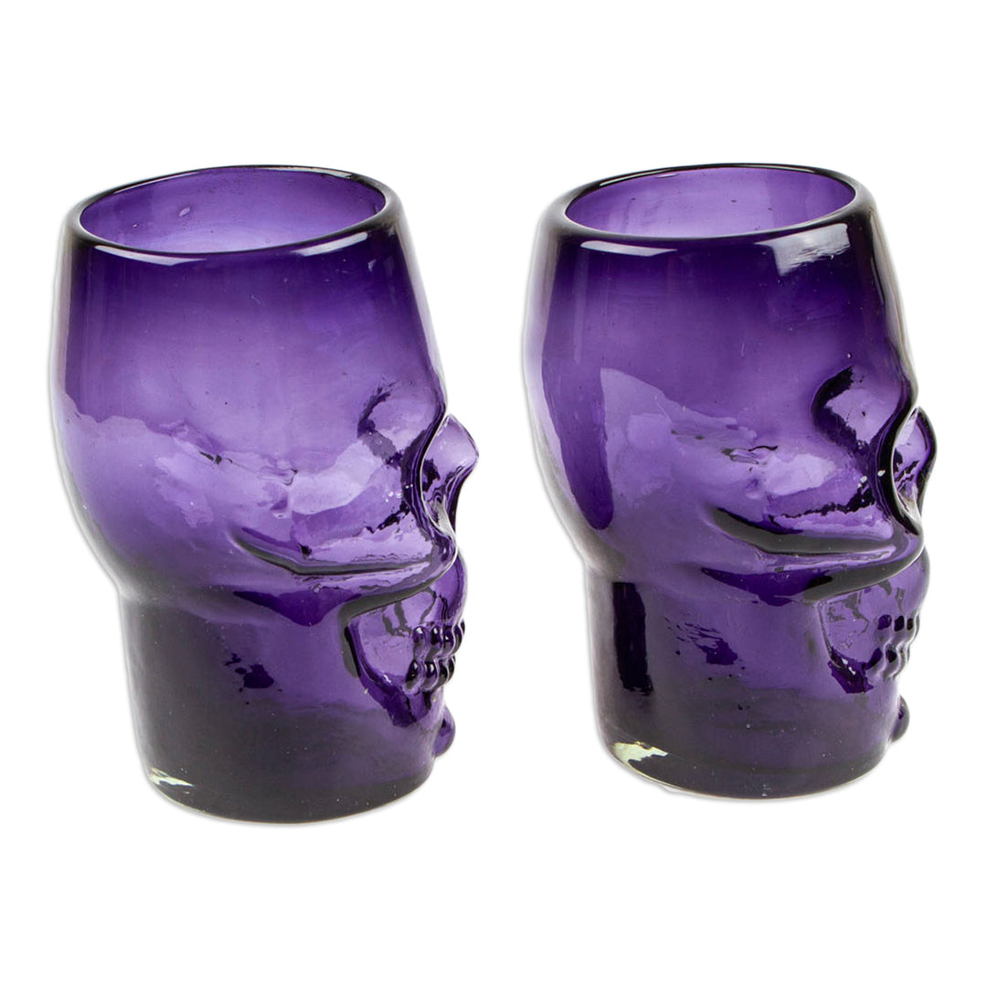 2 Purple Handblown Recycled Glass Tumblers with Skull Motif - Purple Mexican Skull