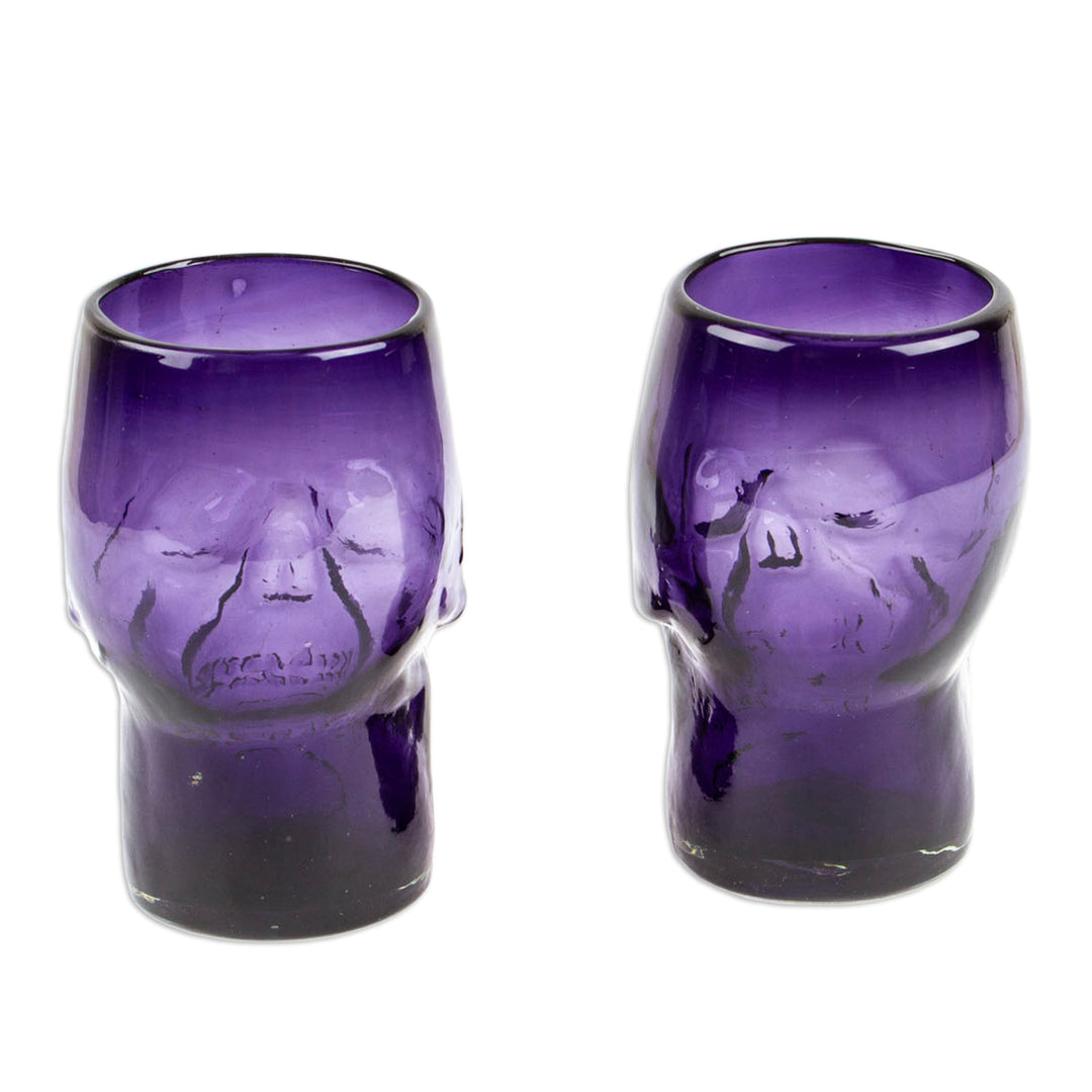 2 Purple Handblown Recycled Glass Tumblers with Skull Motif - Purple Mexican Skull