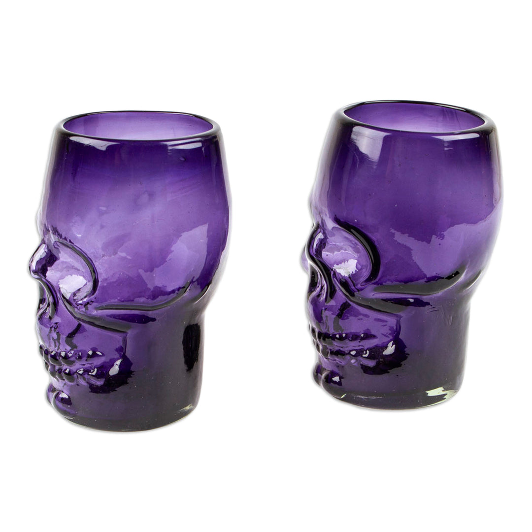 2 Purple Handblown Recycled Glass Tumblers with Skull Motif - Purple Mexican Skull