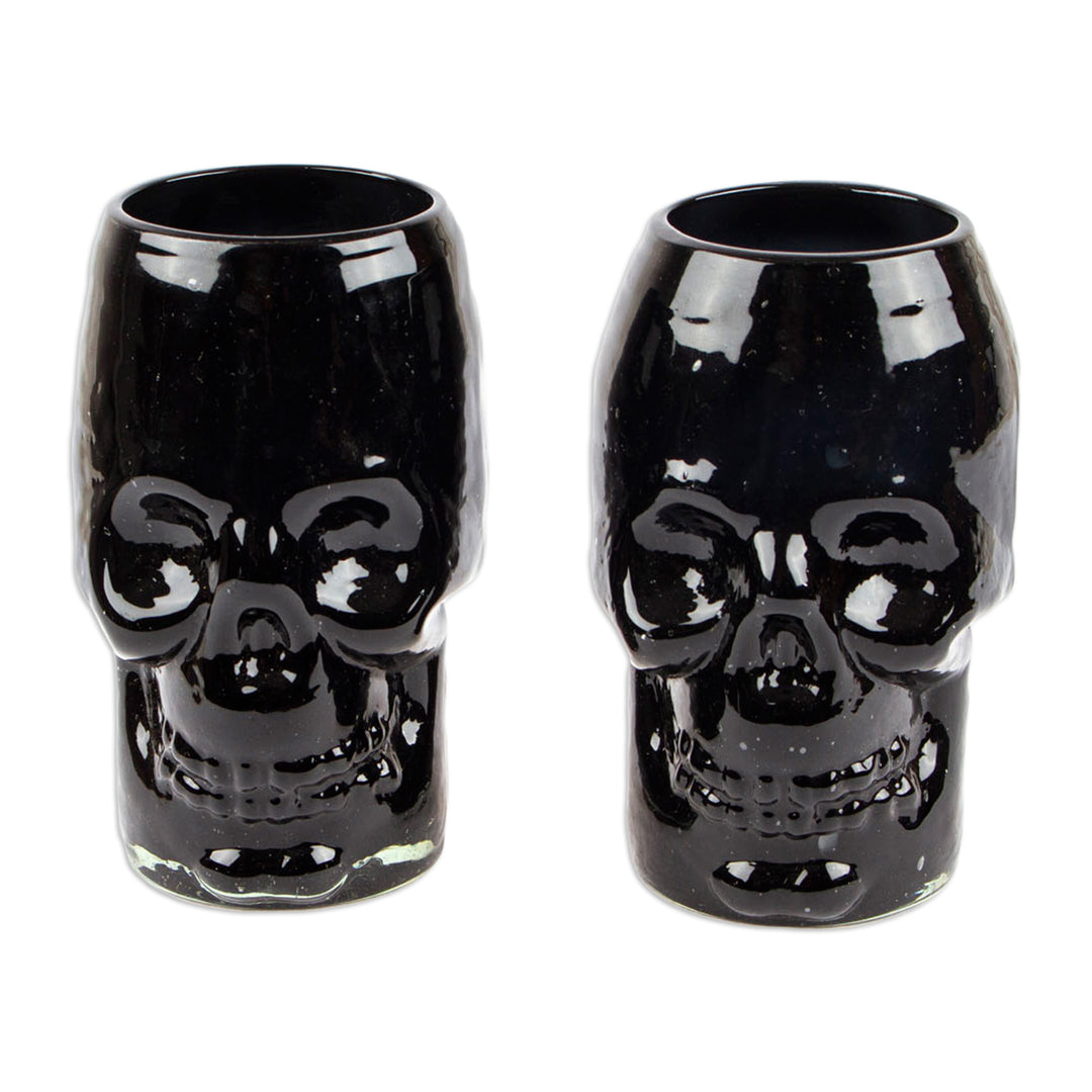 Pair of Handblown Recycled Glass Skull Tumblers in Black Hue - Black Mexican Skull