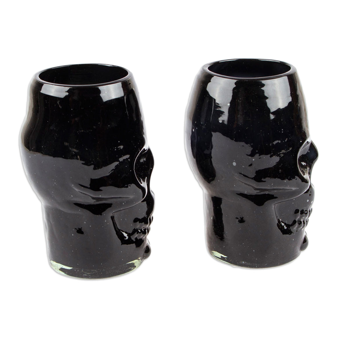 Pair of Handblown Recycled Glass Skull Tumblers in Black Hue - Black Mexican Skull
