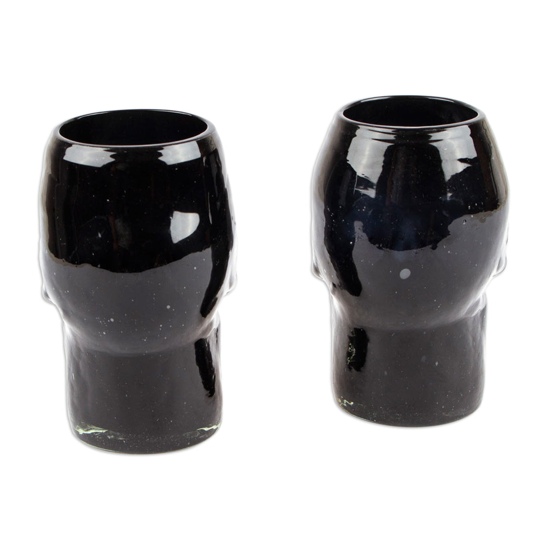 Pair of Handblown Recycled Glass Skull Tumblers in Black Hue - Black Mexican Skull