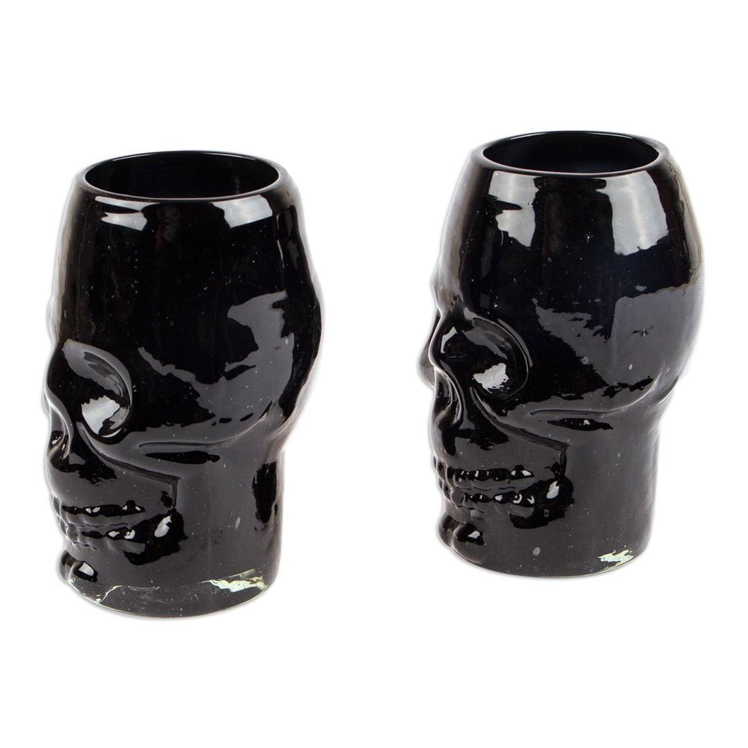 Pair of Handblown Recycled Glass Skull Tumblers in Black Hue - Black Mexican Skull