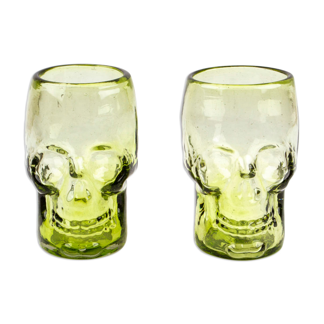 Two Handblown Recycled Glass Skull Tumblers in Lime Green - Green Mexican Skull