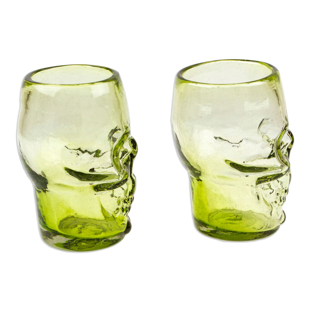Two Handblown Recycled Glass Skull Tumblers in Lime Green - Green Mexican Skull