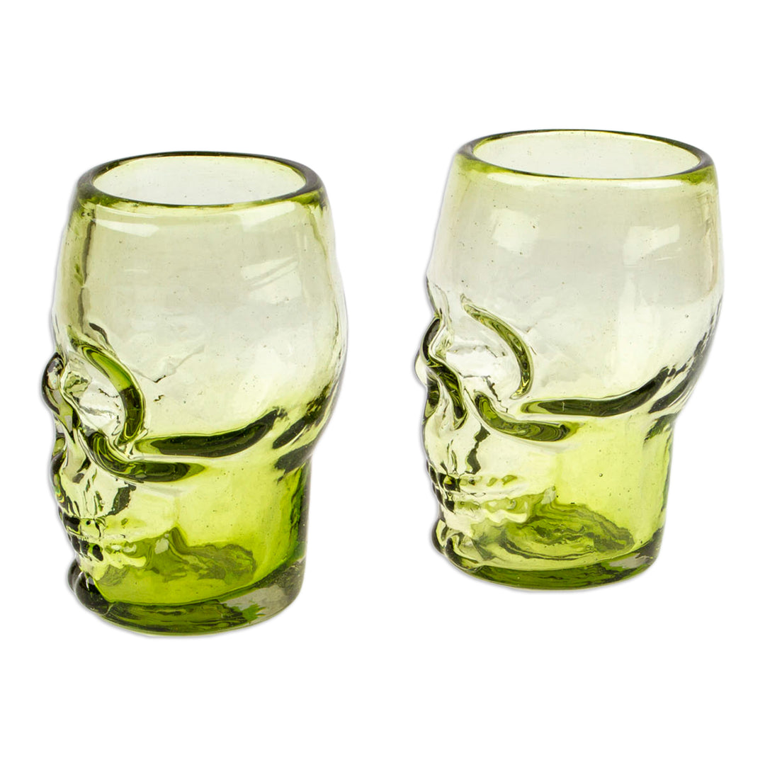 Two Handblown Recycled Glass Skull Tumblers in Lime Green - Green Mexican Skull