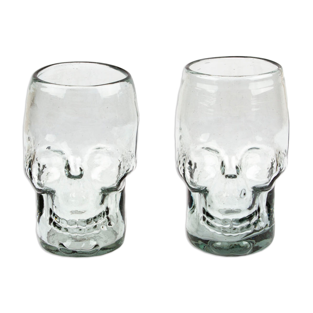 Pair of Handblown Recycled Glass Tumblers with Skull Motif - Mexican Skull