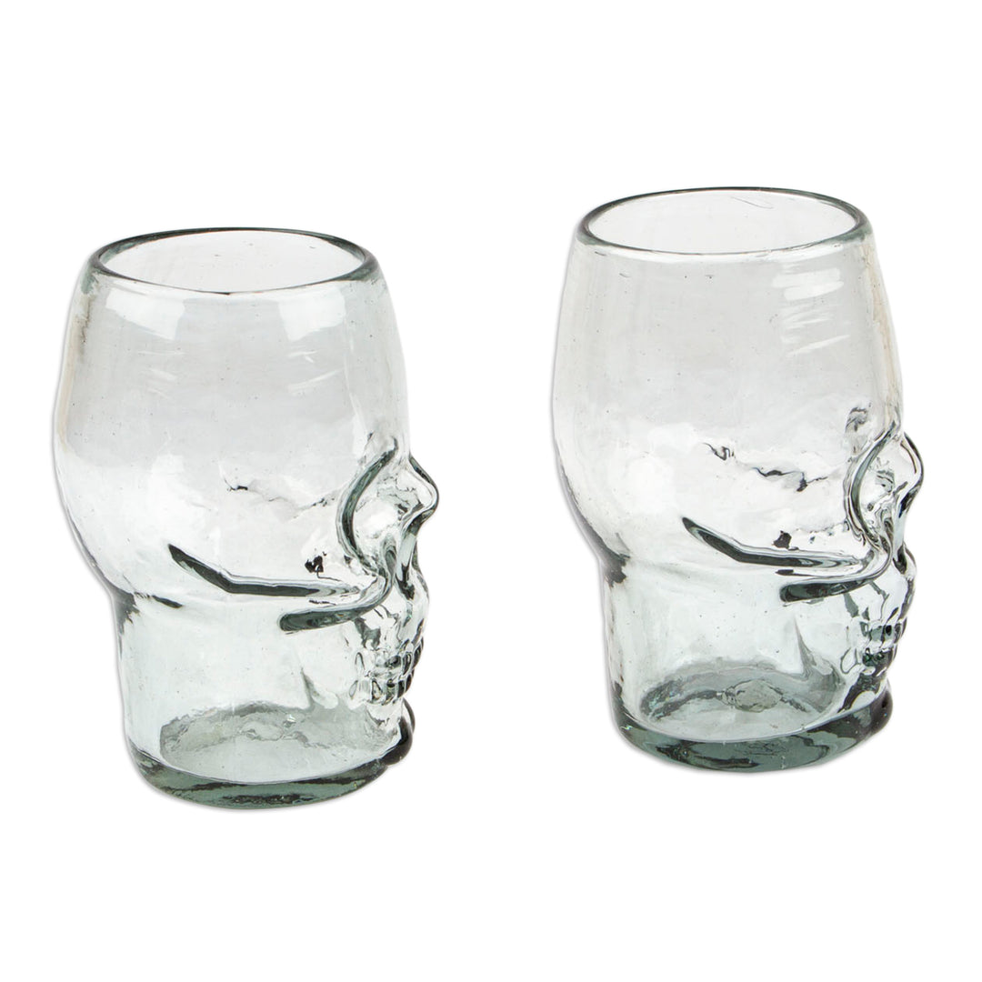 Pair of Handblown Recycled Glass Tumblers with Skull Motif - Mexican Skull