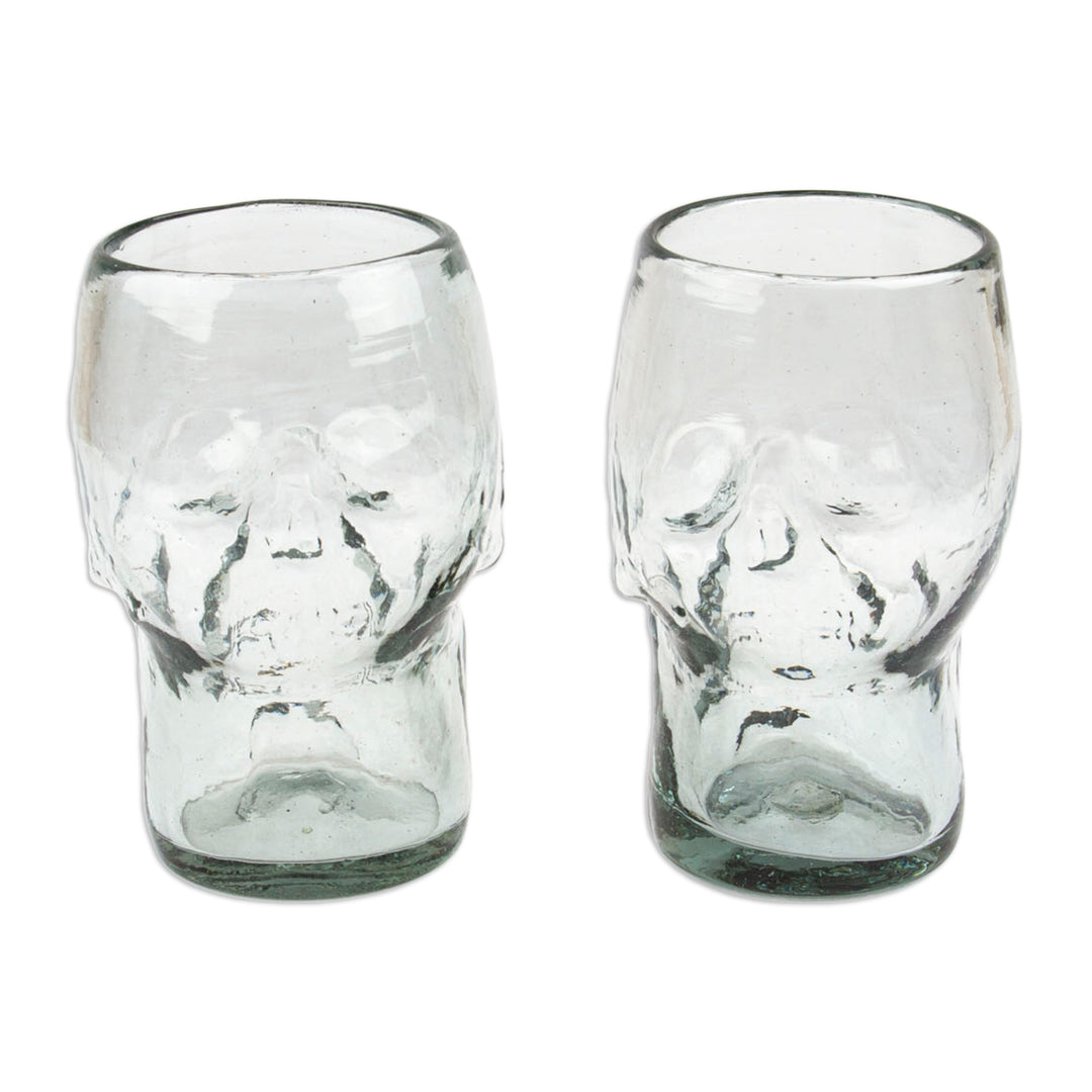 Pair of Handblown Recycled Glass Tumblers with Skull Motif - Mexican Skull