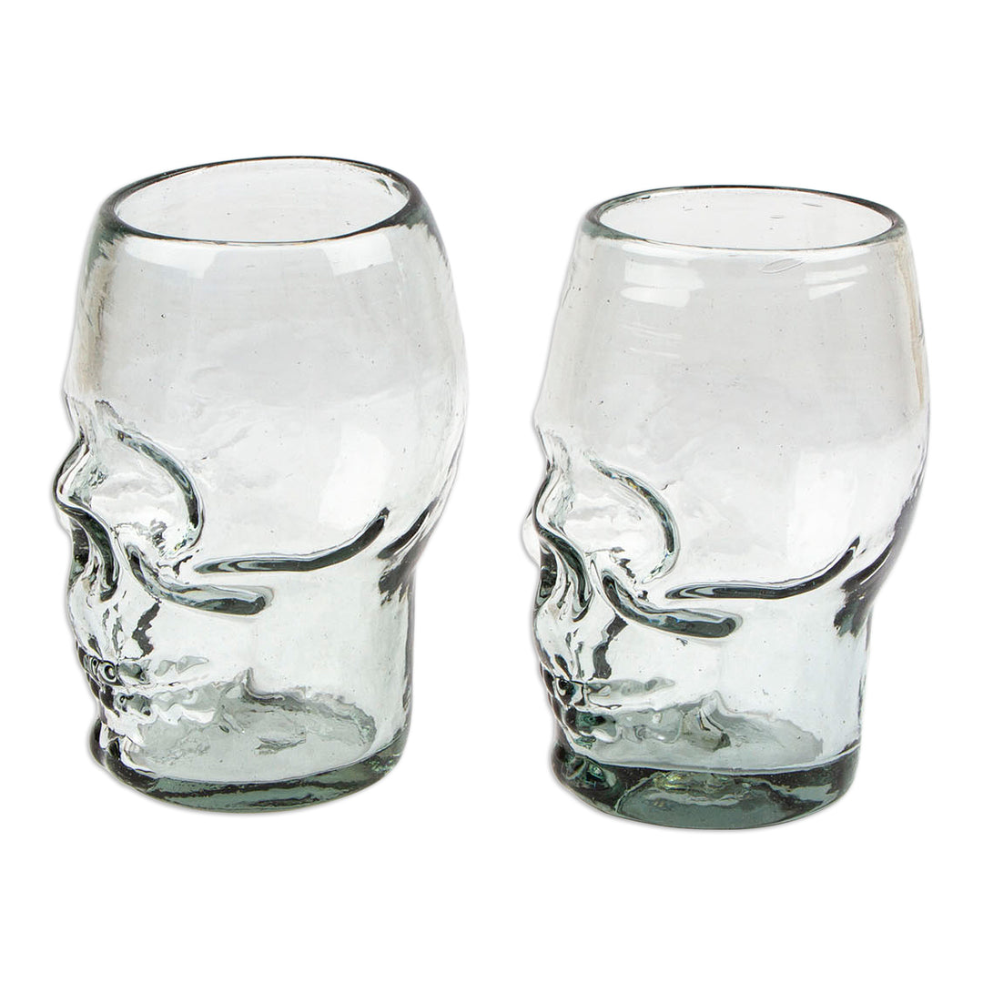 Pair of Handblown Recycled Glass Tumblers with Skull Motif - Mexican Skull