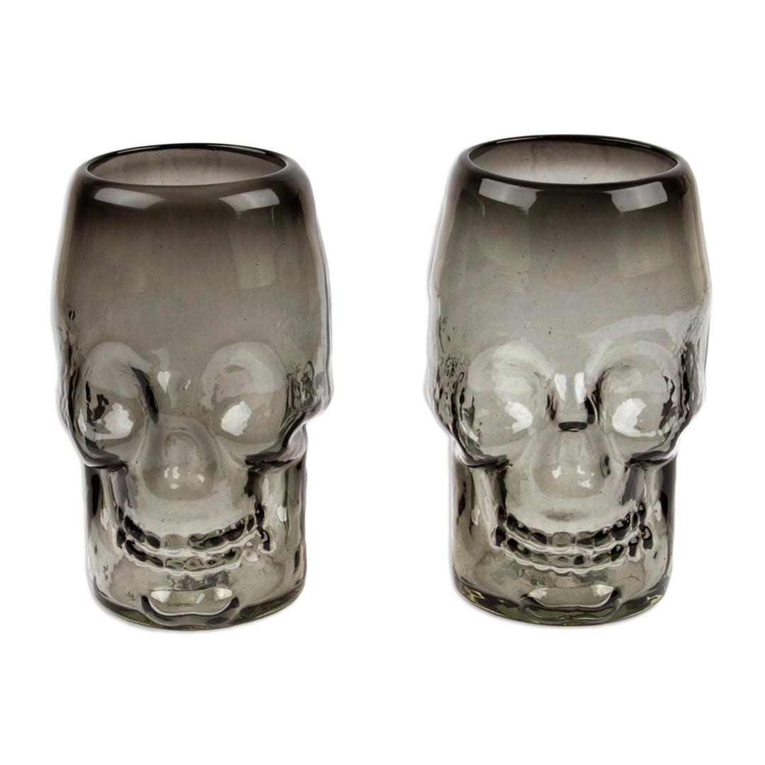 2 Black Clear Skull-Shaped Handblown Recycled Glass Tumblers - Smoke Mexican Skull