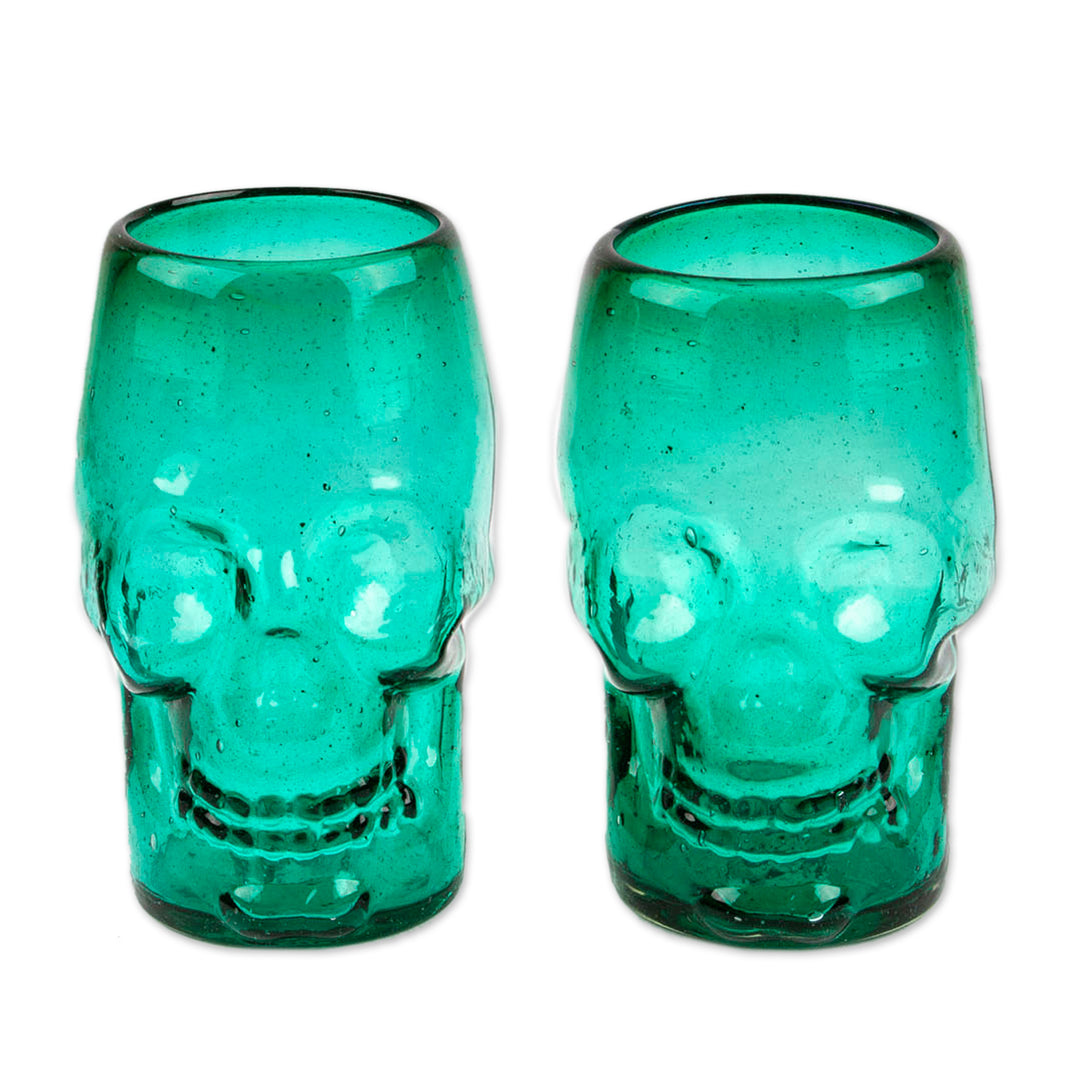 2 Mint Green-Hued Handblown Recycled Glass Skull Tumblers - Mint Mexican Skull