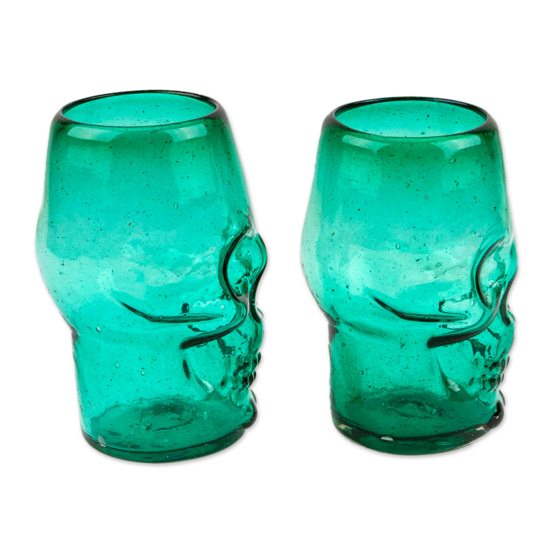 2 Mint Green-Hued Handblown Recycled Glass Skull Tumblers - Mint Mexican Skull