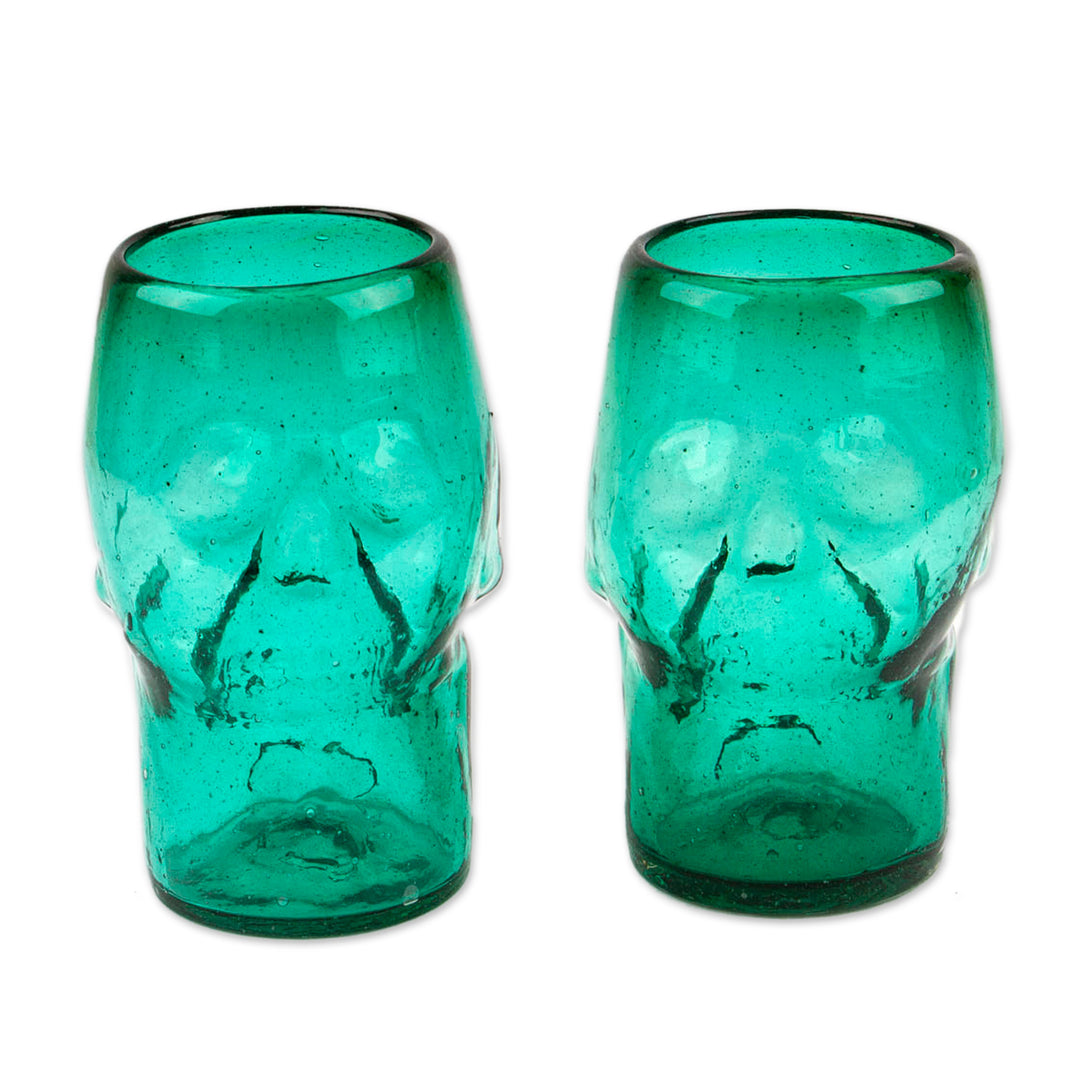 2 Mint Green-Hued Handblown Recycled Glass Skull Tumblers - Mint Mexican Skull