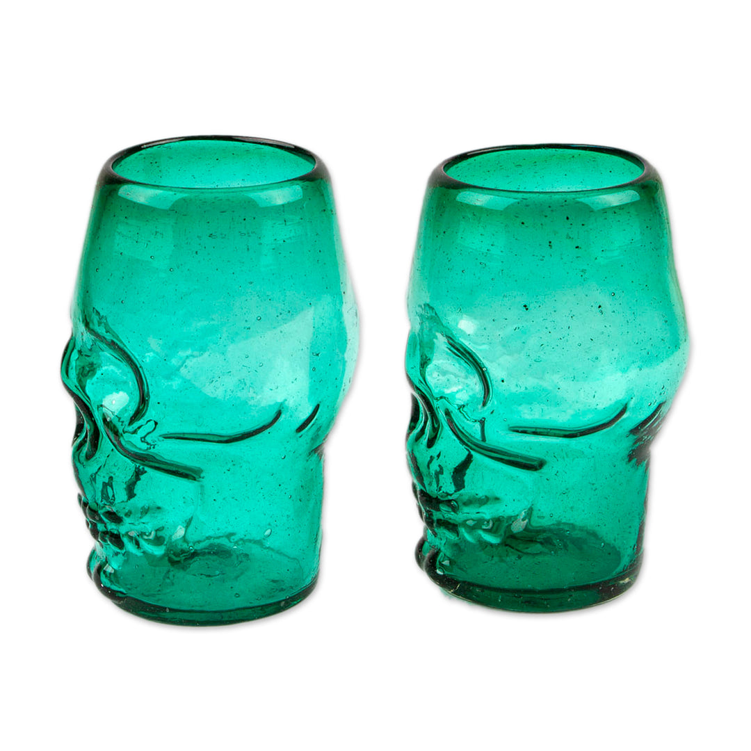 2 Mint Green-Hued Handblown Recycled Glass Skull Tumblers - Mint Mexican Skull