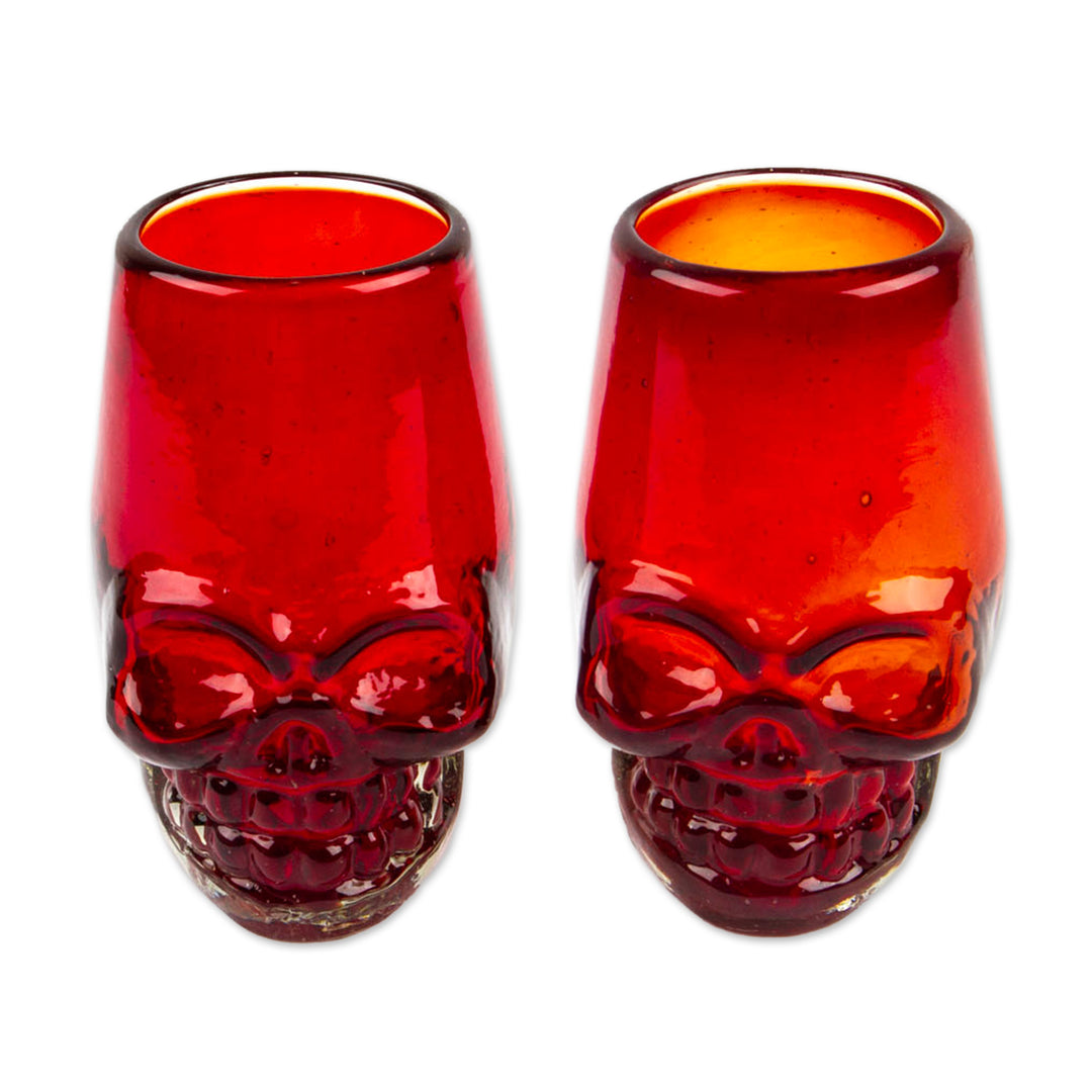 2 Red Skull-Themed Handblown Recycled Glass Tequila Glasses - Red Mexican Skull