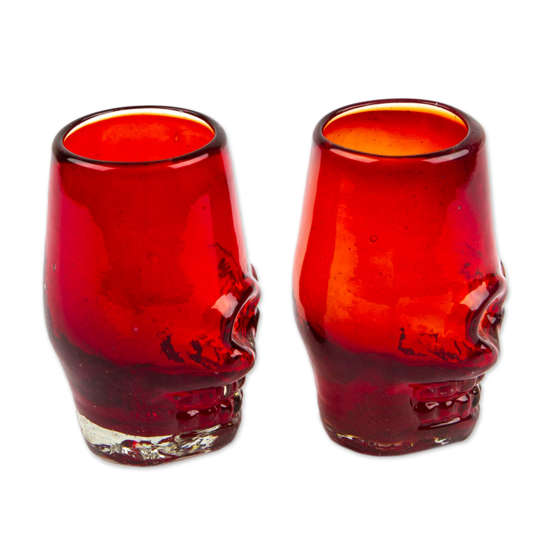 2 Red Skull-Themed Handblown Recycled Glass Tequila Glasses - Red Mexican Skull