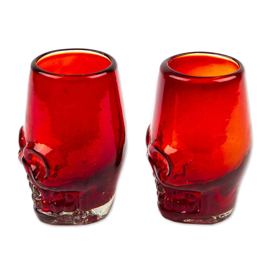 2 Red Skull-Themed Handblown Recycled Glass Tequila Glasses - Red Mexican Skull
