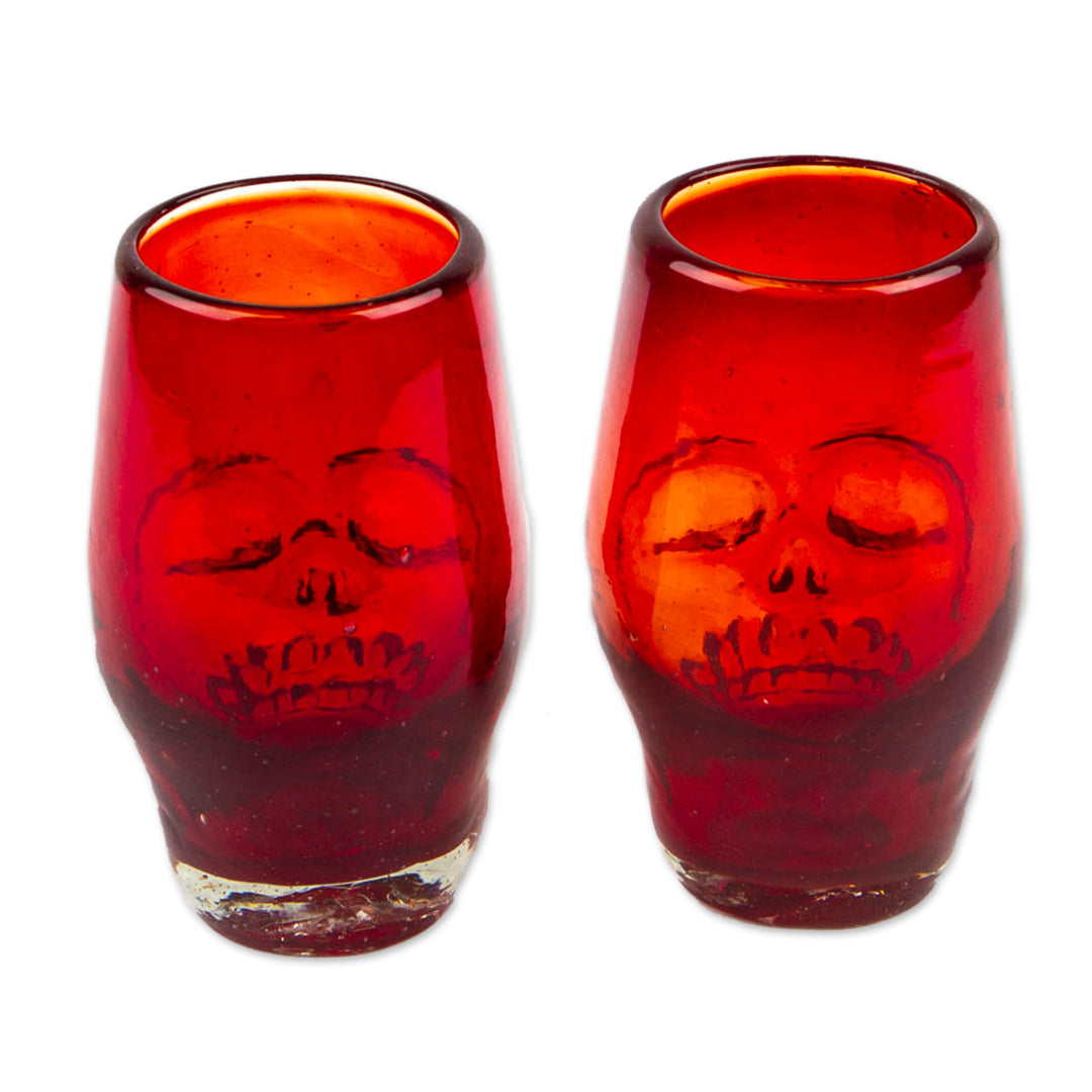 2 Red Skull-Themed Handblown Recycled Glass Tequila Glasses - Red Mexican Skull
